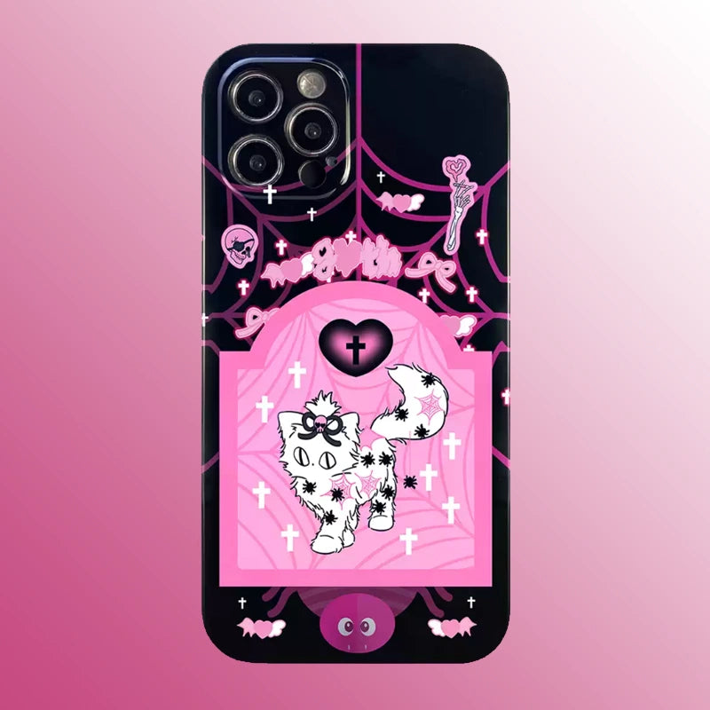 White cat phone case with gothic spider webs, skulls, and pink hearts – Spooky Kitty Love, a unique Halloween gift for cat lovers, from Cat Lady's Find.