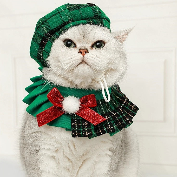 Cute Christmas cat apparel with plaid hat and bow for holiday photos, green set