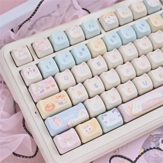 Yuki Dreamland cat keycap set in pastel macaron pink, blue, and cream

